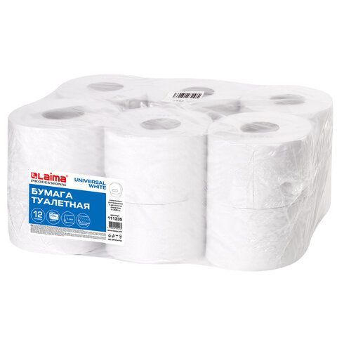 Бумага туалетная 200 м, LAIMA (T2), UNIVERSAL WHITE, 1-слойная, цвет белый, КОМПЛЕКТ 12 рулонов, 111335