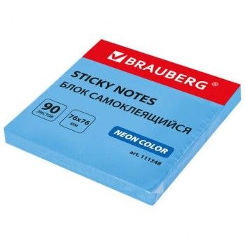 Блок самоклеящийся (стикеры) BRAUBERG 2 шт. НЕОНОВЫЙ 76х76 мм, 90 листов, голубой, 111348
