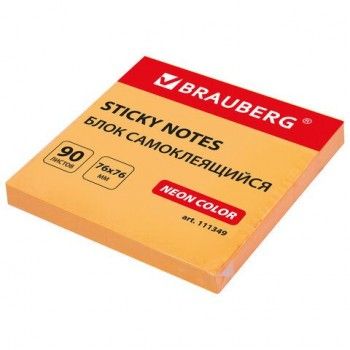 Блок самоклеящийся (стикеры) BRAUBERG 2 шт. НЕОНОВЫЙ 76х76 мм, 90 листов, оранжевый, 111349