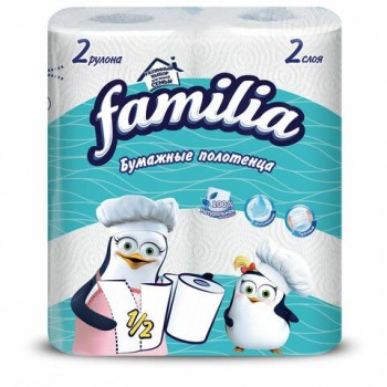 Полотенца бумажные бытовые, спайка 2 шт., 2-слойные (2х12,5 м), FAMILIA 4 шт., 23x13 см, белые, 5083815