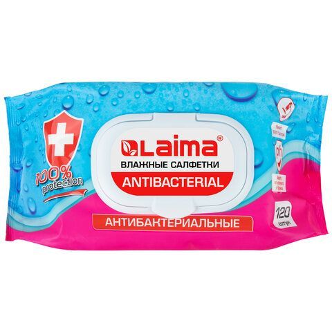 Салфетки влажные 120 шт., АНТИБАКТЕРИАЛЬНЫЕ, с пластиковым клапаном, LAIMA &quot;Antibacterial&quot;, 112497