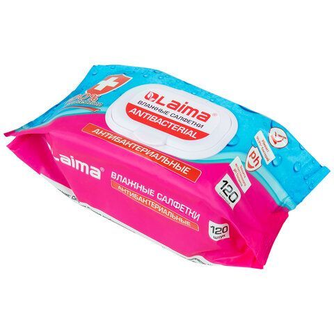 Салфетки влажные 120 шт., АНТИБАКТЕРИАЛЬНЫЕ, с пластиковым клапаном, LAIMA &quot;Antibacterial&quot;, 112497
