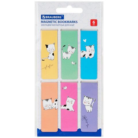 Закладки для книг МАГНИТНЫЕ, &quot;CATS&quot;, набор 6 шт., 60x20 мм, BRAUBERG, 113159