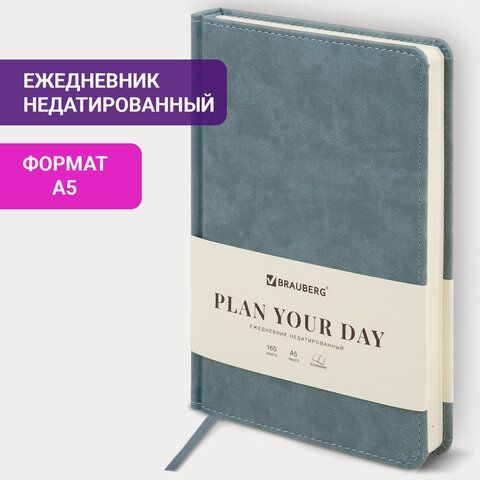 Ежедневник недатированный А5 138х213 мм BRAUBERG &quot;Status&quot;, под кожу, 160 л., серо-голубой, 113365