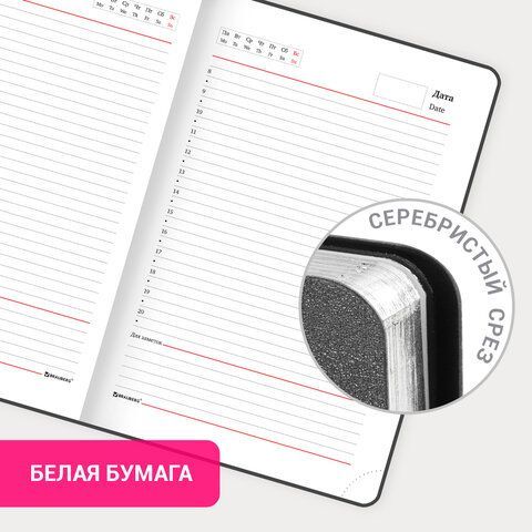 Ежедневник недатированный А5 138х213 мм BRAUBERG &quot;Metallic&quot;, под кожу, 136 л., гибкий, серебряный, 113377