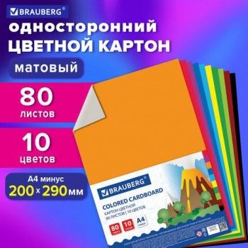 Картон цветной А4 немелованный, 80 листов, 10 цветов, в пленке, BRAUBERG, 200х290 мм, 113560
