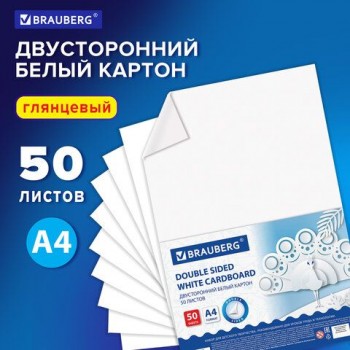 Картон белый А4 МЕЛОВАННЫЙ EXTRA (белый оборот), 50 листов, в коробке, BRAUBERG, 210х297 мм, 113562