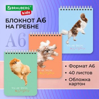 Блокнот МАЛЫЙ ФОРМАТ А6 108х145 мм, 40 л., гребень, картон, клетка, BRAUBERG KIDS 6 шт., "Собачки", 114394