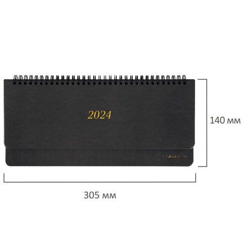 Планинг датированный 2024 305х140 мм BRAUBERG &quot;Iguana&quot;, под кожу, черный, 114808