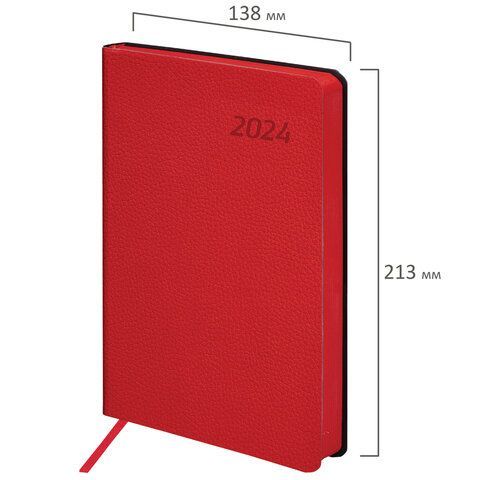 Ежедневник датированный 2024 А5 138x213 мм BRAUBERG &quot;Stylish&quot;, под кожу, гибкий, красный, 114895