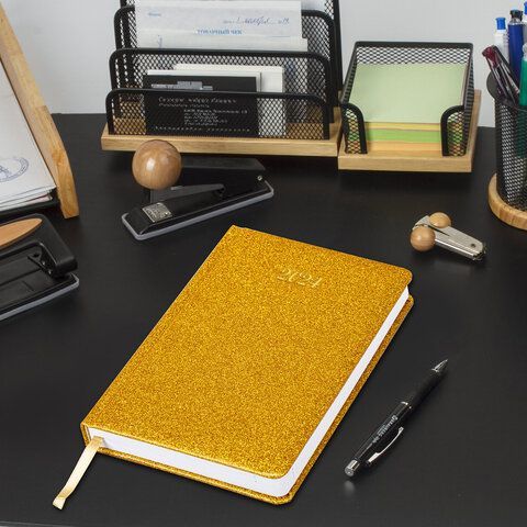 Ежедневник датированный 2024 А5 138x213 мм, BRAUBERG &quot;Sparkle&quot;, под кожу, блестки, золотистый, 114930