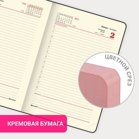Ежедневник датированный 2024 А5 138x213 мм, BRAUBERG &quot;Pastel&quot;, под кожу, розовый, 114967