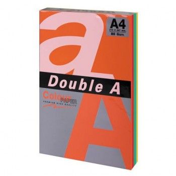Бумага цветная DOUBLE A, А4, 80г/м2, 100 л, (5 цветов x 20 листов), микс интенсив, ш/