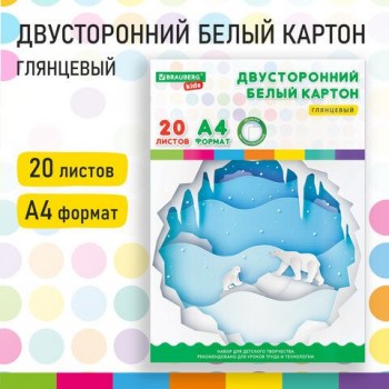 Картон белый А4 МЕЛОВАННЫЙ EXTRA (белый оборот) 20 листов папка, BRAUBERG KIDS, 203х283 мм, 115160