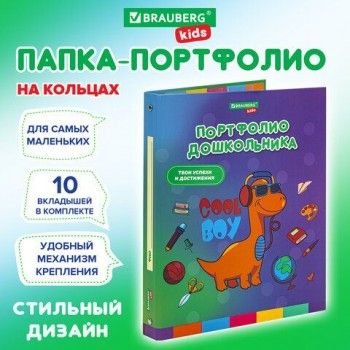 Папка-портфолио дошкольника "ДИНОЗАВР", 4 кольца, 20 файлов, 10 вкладышей, 7БЦ матовая, BRAUBERG KIDS, 115238