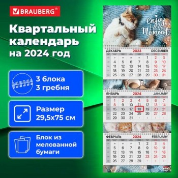 Календарь квартальный на 2024 г., 3 блока, 3 гребня, с бегунком, мелованная бумага, EXTRA, BRAUBERG, "Sleepy cat", 115303