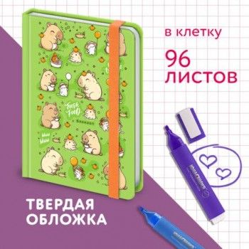 Блокнот с резинкой в клетку 96л, МАЛЫЙ ФОРМАТ А6 109х148, твердая обложка, ЮНЛАНДИЯ, Дизайн 1, 116337
