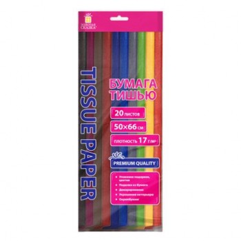 Цветная бумага ТИШЬЮ 17г/м2, 50х66см, 20 листов 10 цветов интенсив ассорти, ЗОЛОТАЯ СКАЗКА, 116494