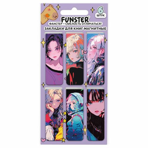 Закладки для книг МАГНИТНЫЕ, "АССОРТИ 5 ДИЗАЙНОВ", набор 6 штук, 60x20 мм, FUNSTER 5 шт., 116652