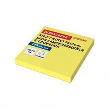 Блок самоклеящийся (стикеры) Z-сложения BRAUBERG 24 шт. ZigZag, 76х76мм, 100л, желтый, для диспенсера, 116681