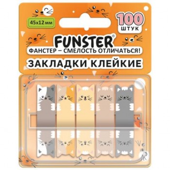 Закладки клейкие Z-сложения FUNSTER 12 шт. (ФАНСТЕР) "Коты", 45х12 мм, 100 шт., (5 цветов х 20 листов), в диспенсере, 116690