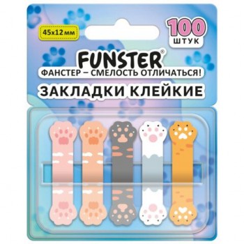 Закладки клейкие Z-сложения FUNSTER 12 шт. (ФАНСТЕР) "Лапки котов", 45х12 мм, 100 шт., (5 цветов х 20 листов), в диспенсере, 116691