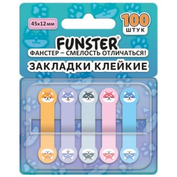 Закладки клейкие Z-сложения FUNSTER 12 шт. (ФАНСТЕР) "Собаки", 45х12 мм, 100 шт., (5 цветов х 20 листов), в диспенсере, 116692