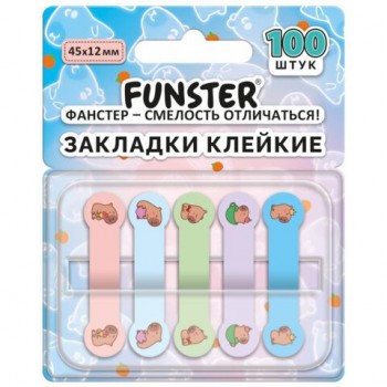 Закладки клейкие Z-сложения FUNSTER 12 шт. (ФАНСТЕР) "Капибары", 45х12 мм, 100 шт., (5 цветов х 20 листов), в диспенсере, 116694
