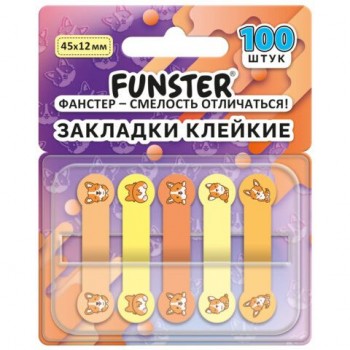 Закладки клейкие Z-сложения FUNSTER 12 шт. (ФАНСТЕР) "Корги", 45х12 мм, 100 шт., (5 цветов х 20 листов), в диспенсере, 116695