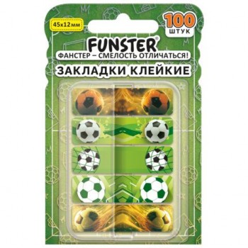 Закладки клейкие Z-сложения FUNSTER 12 шт. (ФАНСТЕР) "Футбол", 45х12 мм, 100 шт., (5 цветов х 20 листов), в диспенсере, 116698