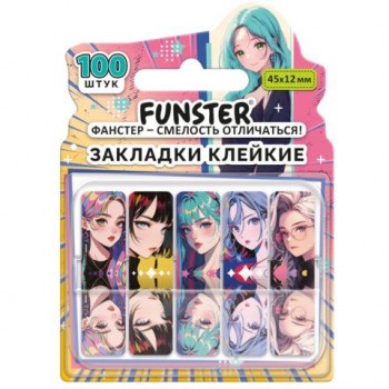 Закладки клейкие Z-сложения FUNSTER 12 шт. (ФАНСТЕР) "Аниме", 45х12 мм, 100 шт., (5 цветов х 20 листов), в диспенсере, 116700