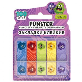 Закладки клейкие Z-сложения FUNSTER 12 шт. (ФАНСТЕР) "Монстрики", 45х12 мм, 100 шт., (5 цветов х 20 листов), в диспенсере, 116701