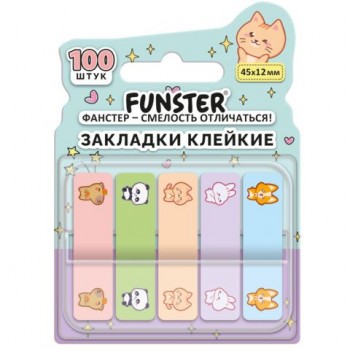Закладки клейкие Z-сложения FUNSTER 12 шт. (ФАНСТЕР) "Животные", 45х12 мм, 100 шт., (5 цветов х 20 листов), в диспенсере, 116702