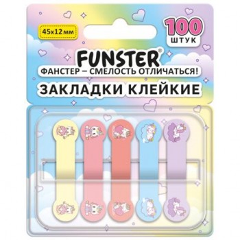 Закладки клейкие Z-сложения FUNSTER 12 шт. (ФАНСТЕР) "Единороги", 45х12 мм,100 шт., (5 цветов х 20 листов), в диспенсере, 116703