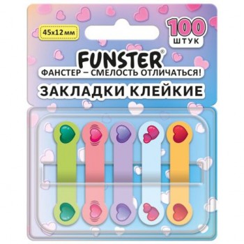 Закладки клейкие Z-сложения FUNSTER 12 шт. (ФАНСТЕР) "Сердечки", 45х12 мм, 100 шт., (5 цветов х 20 листов), в диспенсере, 116704