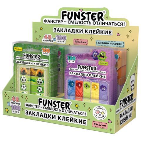 Закладки клейкие Z-сложения FUNSTER 48 шт. (ФАНСТЕР) "Ассорти", 45х12 мм, 100 шт., (5 цветов х 20 листов), в диспенсере, 116705