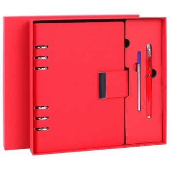 Ежедневник на кольцах в наборе с ручкой А5 165x229мм BRAUBERG "Lux", под кожу, 100 листов, красный, 116857