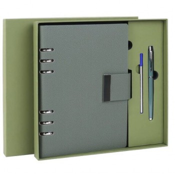 Ежедневник на кольцах в наборе с ручкой А5 165x229мм BRAUBERG "Lux", под кожу, 100 листов, зеленый, 116858