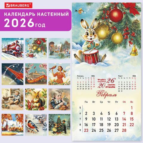 Календарь настенный перекидной 2026г, BRAUBERG, 12 листов, 28,5х28,5см, Винтаж, 116933