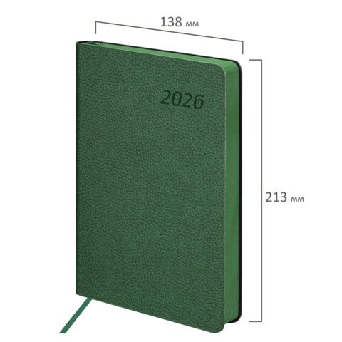 Ежедневник датированный 2026 А5 138x213мм BRAUBERG Stylish, под кожу гибкий, зеленый, 117102