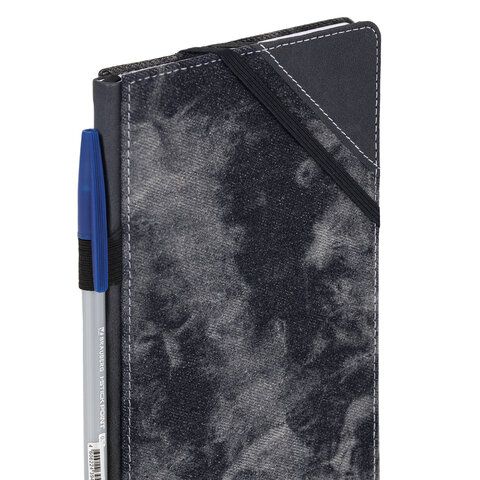 Блокнот А5 135x210мм BRAUBERG Denim, ткань/экокожа, резинка, держатель, 80л клетка, черный, 117140