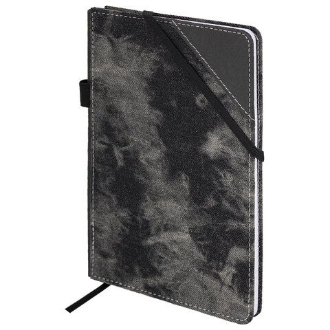 Блокнот А5 135x210мм BRAUBERG Denim, ткань/экокожа, резинка, держатель, 80л клетка, черный, 117140