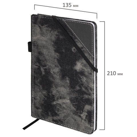 Блокнот А5 135x210мм BRAUBERG Denim, ткань/экокожа, резинка, держатель, 80л клетка, черный, 117140