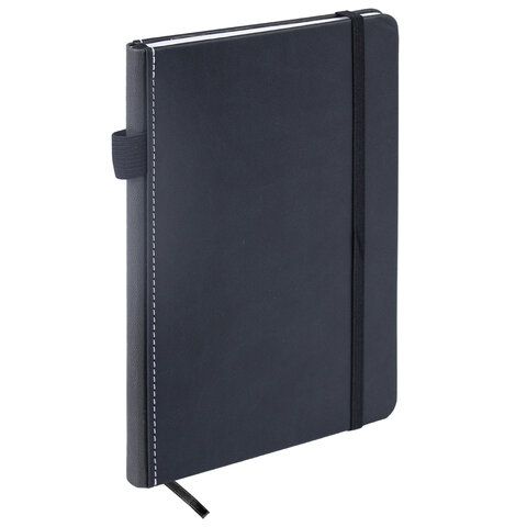 Блокнот А5 135x212мм BRAUBERG "Soft touch" под кожу, резинка, держатель, 80л клетка, черный, 117145