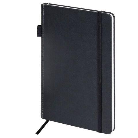 Блокнот А5 135x212мм BRAUBERG "Soft touch" под кожу, резинка, держатель, 80л клетка, черный, 117145