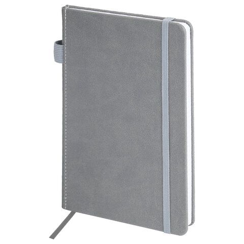 Блокнот А5 135x212мм BRAUBERG "Soft touch" под кожу, резинка, держатель, 80л клетка, серый, 117146