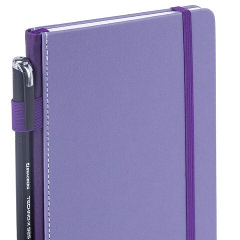 Блокнот А5 135x212мм BRAUBERG "Soft touch" под кожу, резинка, держатель, 80л клетка, сиреневый, 117150