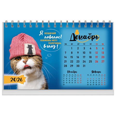 Календарь-домик настольный на гребне, 2026г, BRAUBERG, 160х110мм, 6 листов, Котики, 117296