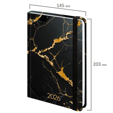 Ежедневник датированный 2026 с резинкой 145х203мм, А5, BRAUBERG, твердый, фольга, &quot;Черный мрамор&quot;, 117338