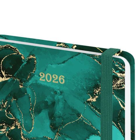Ежедневник датированный 2026 с резинкой 145х203мм, А5, BRAUBERG твердый, фольга, &quot;Зеленый мрамор&quot;, 117340